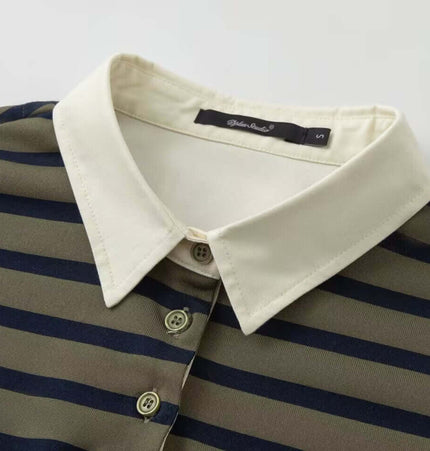 Striped Lapel Polo Shirt featuring a unique striped pattern and lapel-style collar in green and navy.