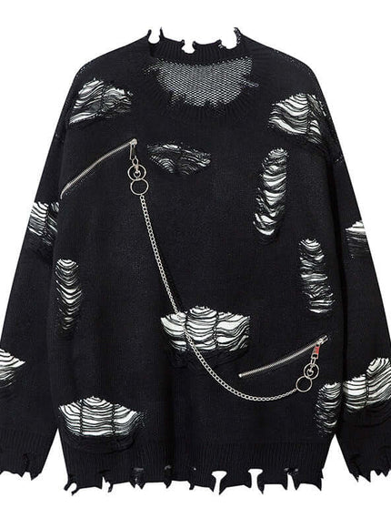 Model wearing Black knitted sweater ripped chain splicing by Grozavu