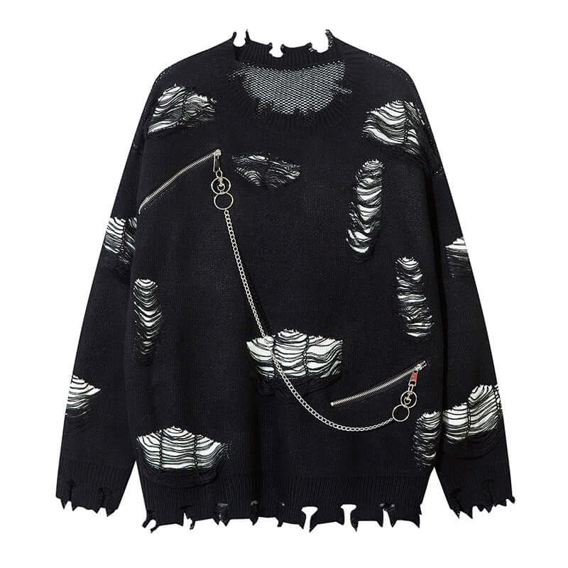 Model wearing Black knitted sweater ripped chain splicing by Grozavu