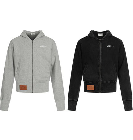 Washed Retro Zip Hooded Jacket – Fitted in grey and black, showcasing a vintage-inspired design and fitted cut.