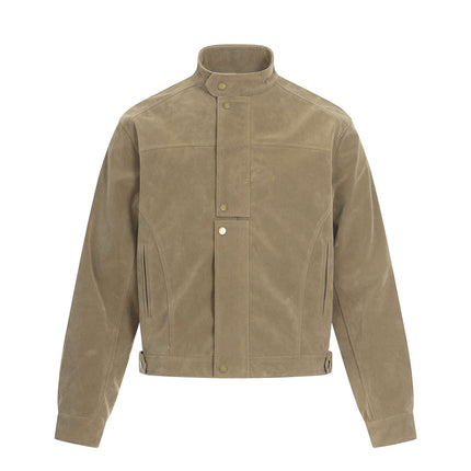 Model wearing Dark Brown stand collar solid color front by Grozavu