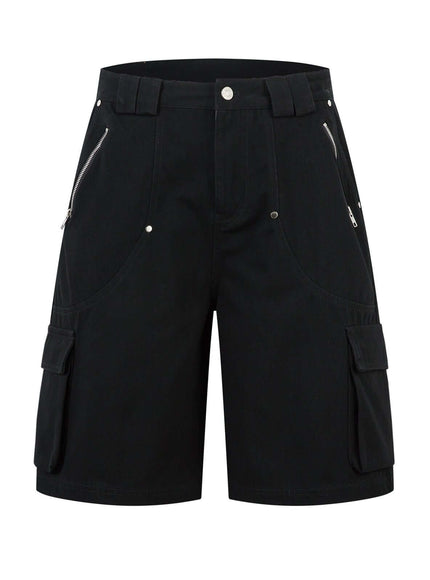 Black multi pocket workwear capri shorts with Grozavu logo