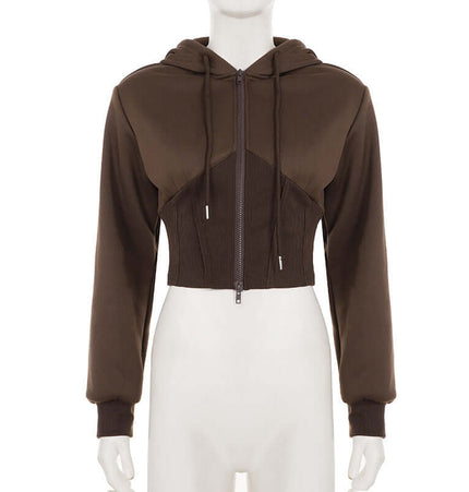 Solid Color Zip Hoodie – Casual Fit in classic brown, featuring full zipper and hooded neckline.