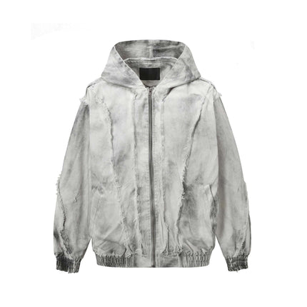 Spray Paint Spliced Jacket – Casual Fit in a faded, distressed white design with a hood and drawstring.