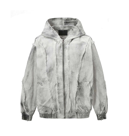 Spray Paint Spliced Jacket – Casual Fit in a faded, distressed white design with a hood and drawstring.