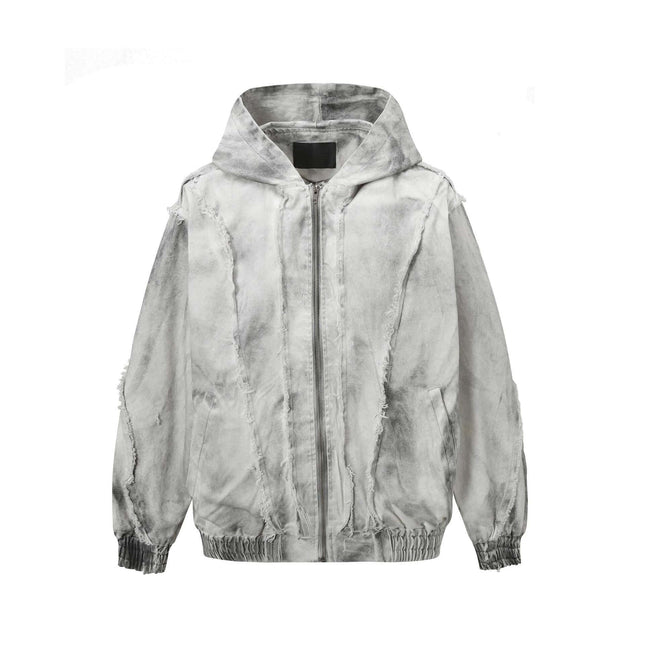 Spray Paint Spliced Jacket – Casual Fit in a faded, distressed white design with a hood and drawstring.