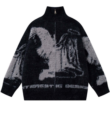 Floral Jacquard Knit Cardigan – Loose Fit in black with angel girl design, cozy urban style for autumn-winter.