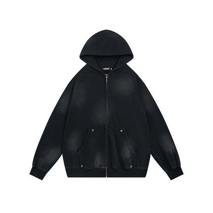 Retro Patchwork Zip Up Hoodie – Loose Fit in black with a hood and front pockets.