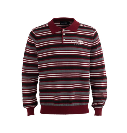 Color-Block Letter Knit Sweater - Loose Fit featuring a unique striped design and casual polo collar.