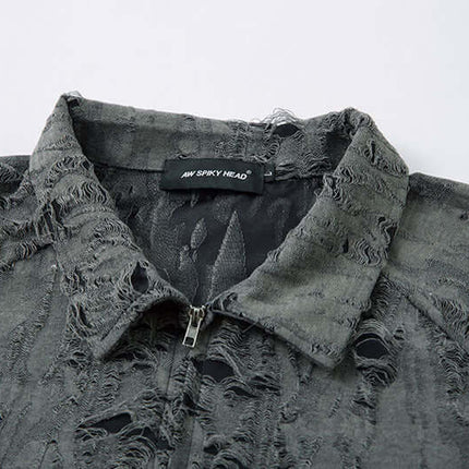 Distressed Short Sleeve Shirt - Loose Fit close-up showing zip detail and distressed texture.