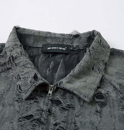 Distressed Short Sleeve Shirt - Loose Fit close-up showing zip detail and distressed texture.