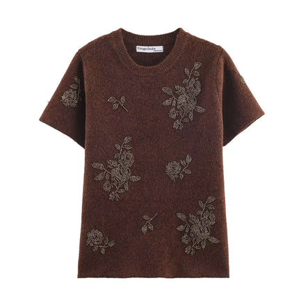 Model wearing Brown ethnic bead embellished short sweater by Grozavu