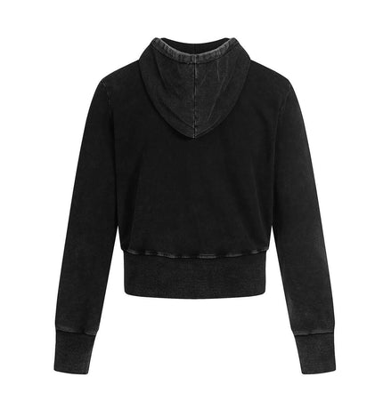 Back view of the Washed Retro Zip Hooded Jacket – Fitted showcasing the cropped design and hood.