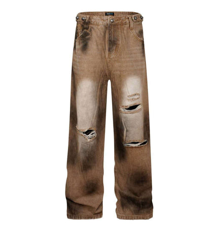 Distressed Patchwork Wide-Leg Denim Pants featuring a washed design and prominent distressed details.