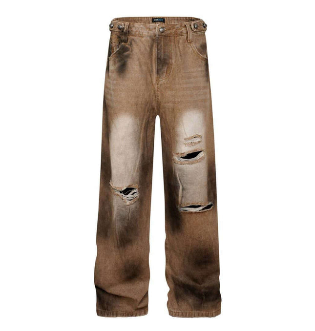 Distressed Patchwork Wide-Leg Denim Pants featuring a washed design and prominent distressed details.