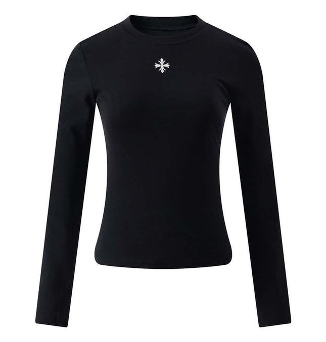 Long Sleeve Printed TShirt - Slim Fit in black with round neck and subtle snowflake design.