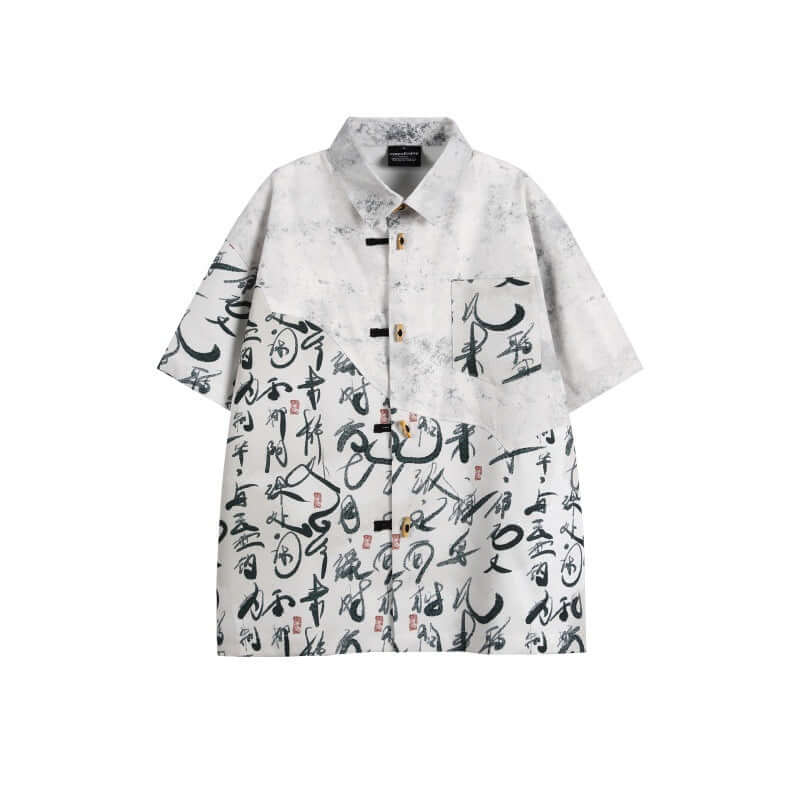 Model wearing White poetry splicing short sleeve shirts by Grozavu