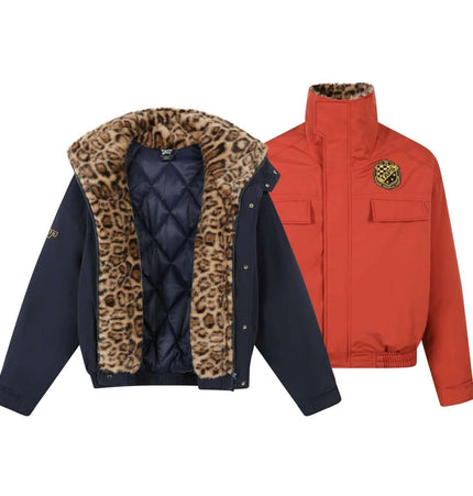 Leopard Style Fur Collar Jacket – Loose Fit featuring a plush leopard print collar and a red exterior for winter fashion.