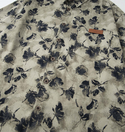 Floral Print Short Sleeve Shirt – Loose Fit featuring a vintage floral design in shades of black and beige.