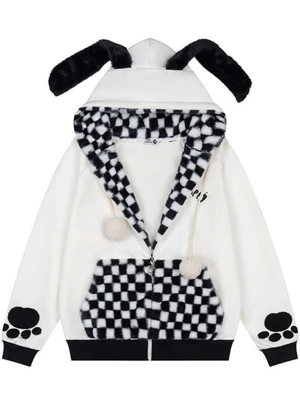 White checkered patchwork rabbit ear hoodie with Grozavu logo