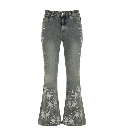 Retro Washed Slim Micro Flared Pants featuring floral detailing and a micro flare hem, perfect for vintage street style.
