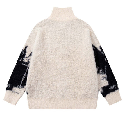 Floral Jacquard Knit Cardigan – Loose Fit, back view showing cozy fabric and bold pattern, perfect for autumn-winter styling.