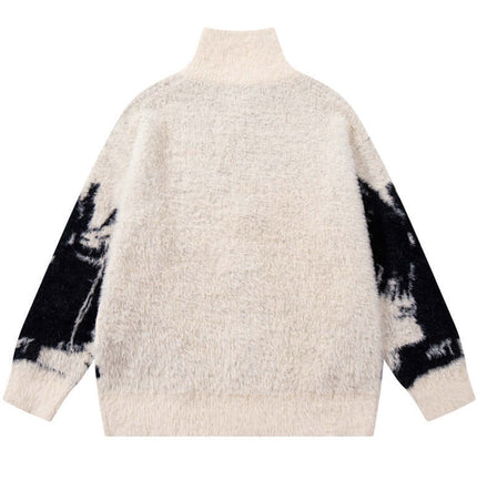 Floral Jacquard Knit Cardigan – Loose Fit, back view showing cozy fabric and bold pattern, perfect for autumn-winter styling.