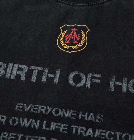 Retro Washed Badge Letter TShirt – Loose Fit featuring vintage badge and inspirational text design.