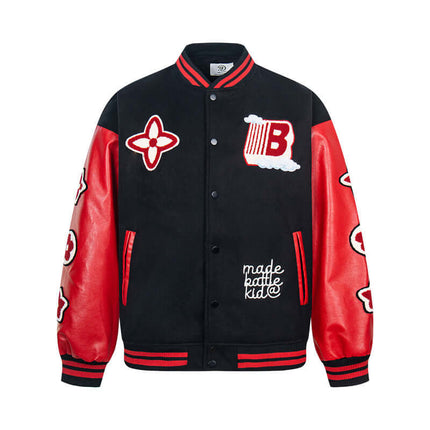 Veste de baseball en patchwork avec manches en cuir