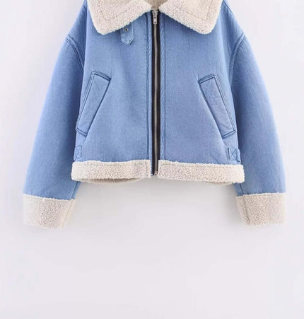 Loose Fit Short Zip Jacket in blue with a turn-down collar and full zipper closure, designed for everyday comfort.