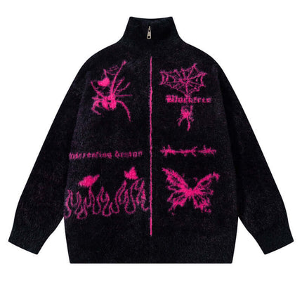 Casual Butterfly Spider Jacquard Cardigan showcasing a striking black design with pink butterfly and spider patterns.