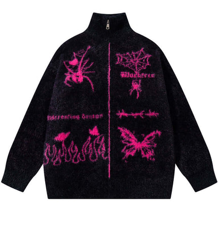 Casual Butterfly Spider Jacquard Cardigan showcasing a striking black design with pink butterfly and spider patterns.