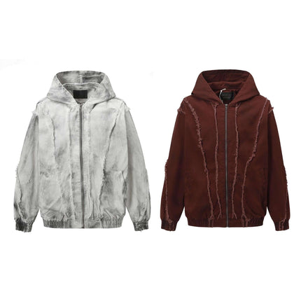 Spray Paint Spliced Jacket – Casual Fit showcasing a gray and red spliced design, perfect for urban street style.