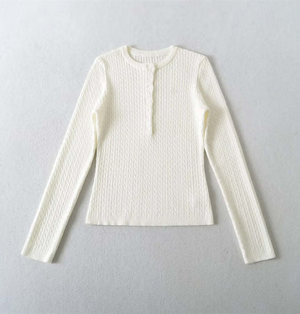 Round Neck Half-Button Knit Sweater in cream color, featuring a slim-fit silhouette and half-button design.