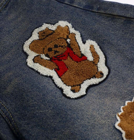 Vintage Washed Cartoon Embroidered Jeans featuring playful bear towel embroidery design.