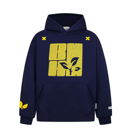 Cross Embroidered Hoodie – Loose Fit showcasing a navy blue design with yellow embroidery and relaxed style.