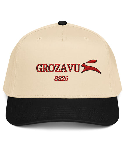 Grozavu structured five-panel cap, mid-profile crown with curved visor