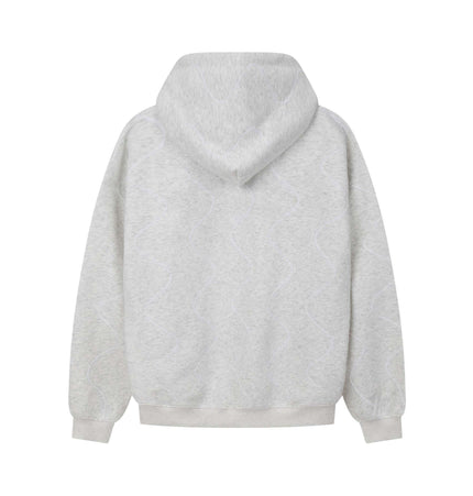 Back view of the Embroidered Letter Hoodie – Loose Fit showcasing its soft grey fabric and relaxed silhouette.