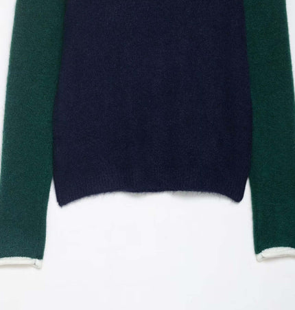Color Block Patchwork Knit Sweater - close-up of sleeves featuring dark blue and green colors.