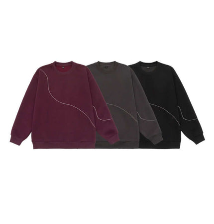 Round Neck Letter Print Hoodie – Loose Fit in three color variations: burgundy, gray, and black, showcasing a clean design.