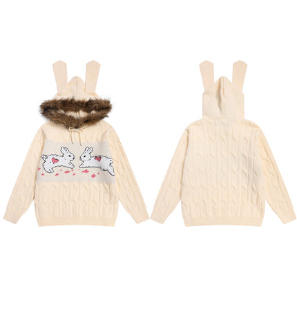 Suéter con capucha y cuello de piel de conejo