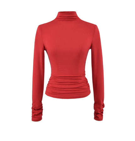 SculptFit High-Neck Long Sleeve Top in red, featuring a sleek design and figure-flattering fit, perfect for casual wear.