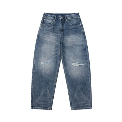 Blue distressed cut out tapered jeans with Grozavu logo
