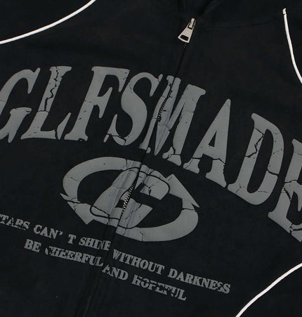 Faux Suede Printed Hoodie – Loose Fit featuring stylish GLFSMADES graphic design on a black background.