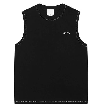 Color Block Tank Top - Loose Fit in black with sleeveless design and simple logo for modern streetwear.