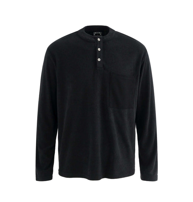 Stand Collar Button Hoodie – Loose Fit in black, featuring a stand collar, button details, and long sleeves.