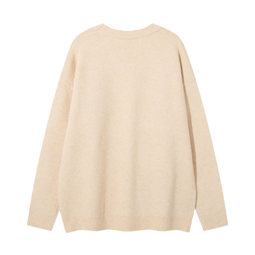 Apricot jacquard drawstring crewneck sweater knitwear with Grozavu logo