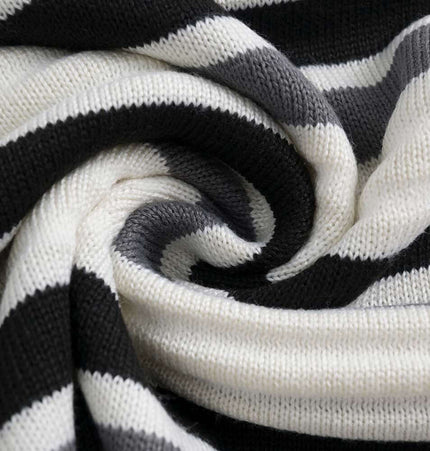 Color-Block Letter Knit Sweater - Loose Fit featuring spiraled striped fabric in black, white, and gray.