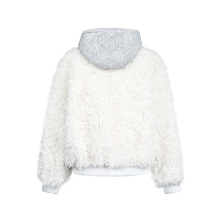 Wool Warm Cotton Coat – Loose Fit with fluffy white texture and gray hood from the back side.