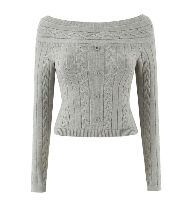 Off-Shoulder Twists Slim Knit Sweater in light gray with cable knit design and button front.